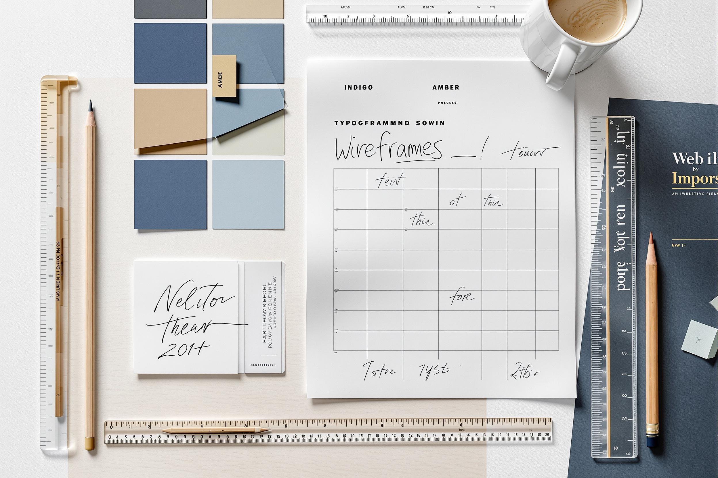 Web design materials: colour swatches, type specimens, and wireframe sketches