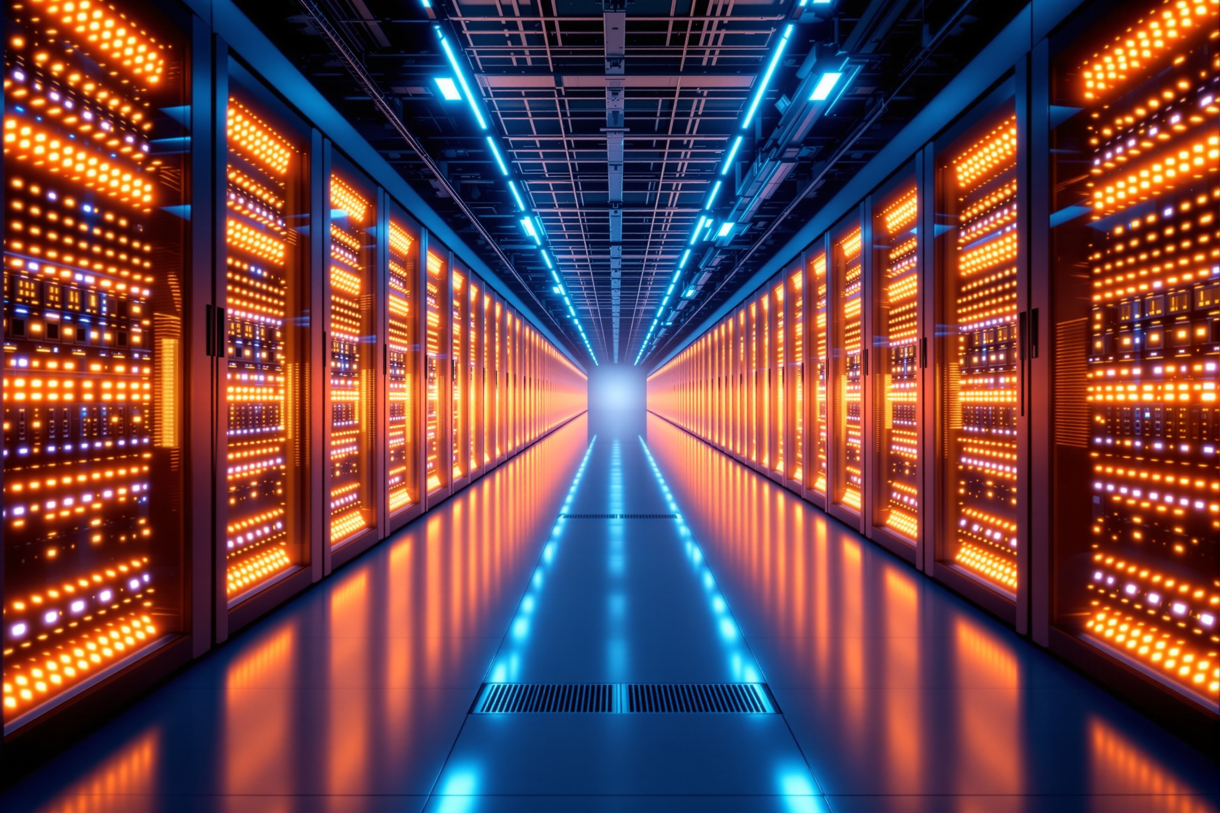 Rows of servers in a modern data centre